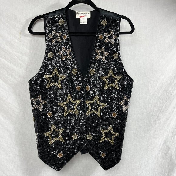 All Over Sequin Bead Vest Women M Stars Vintage 90s Metallic Retro Sparkle 80s - Picture 1 of 14